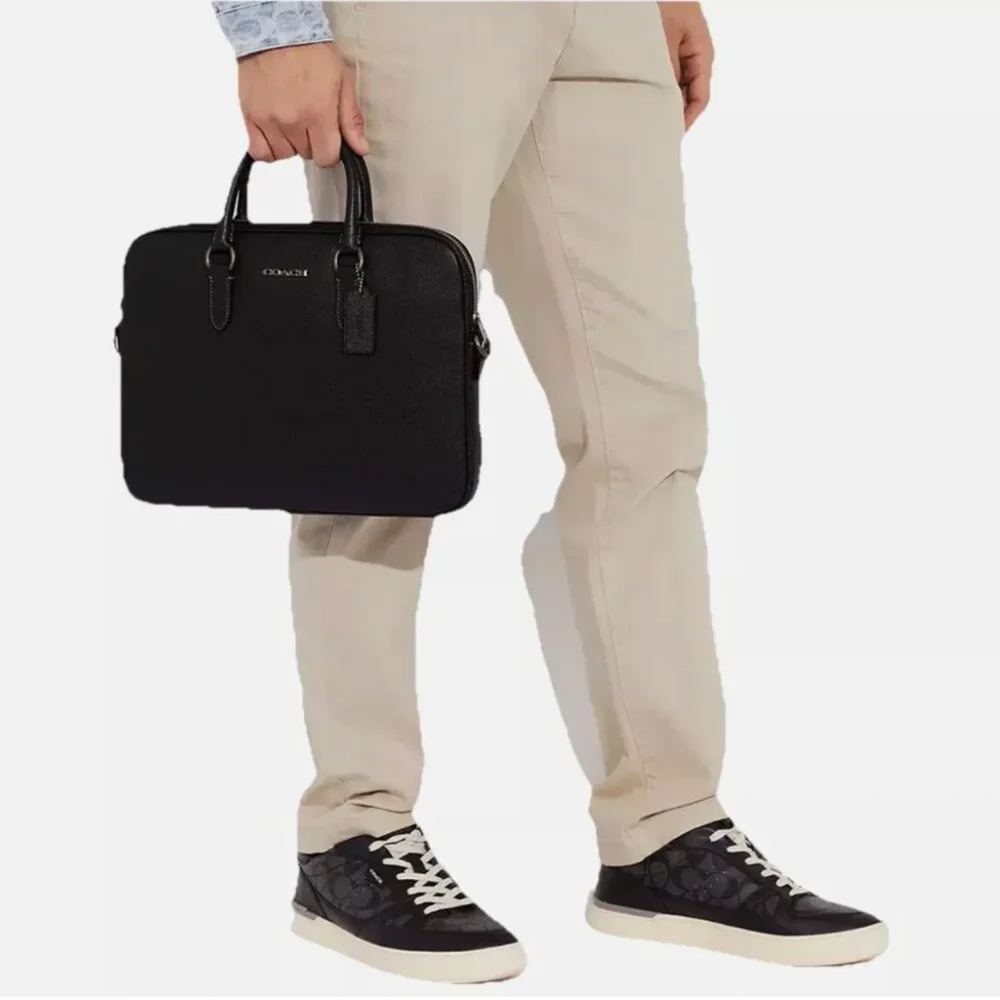 NEW Coach Liam Crossgrain Black Leather Compact Briefcase Small Laptop Bag $450